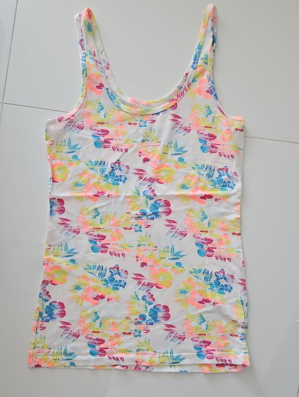 No Boundaries White Floral Tank Top with Pink, Yellow & Blue Print